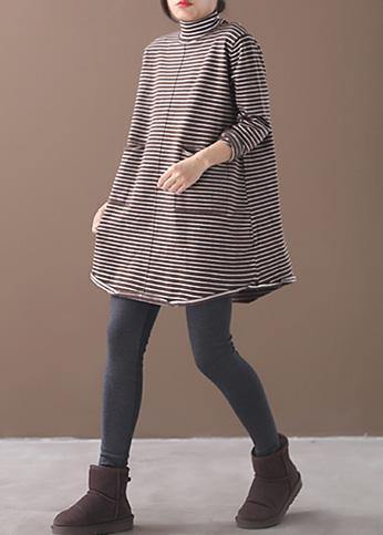 Vintage chocolate striped knitwear oversize high neck asymmetric clothes