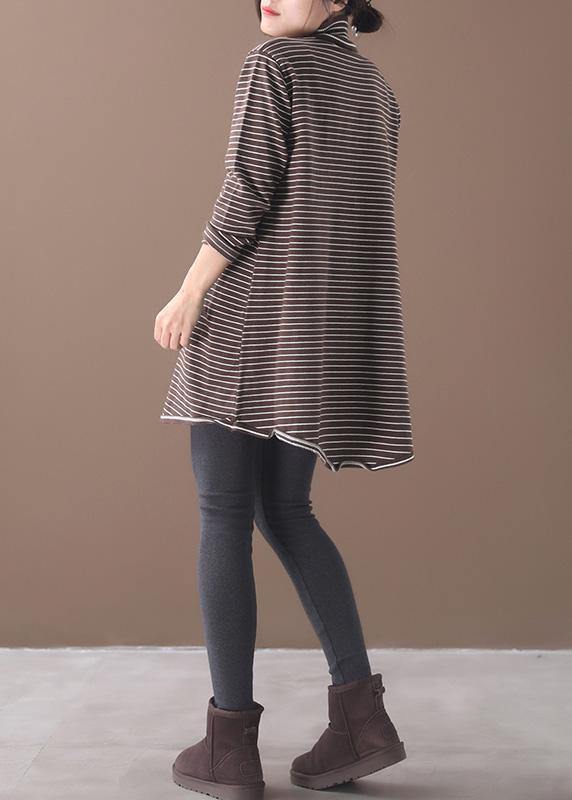 Vintage chocolate striped knitwear oversize high neck asymmetric clothes