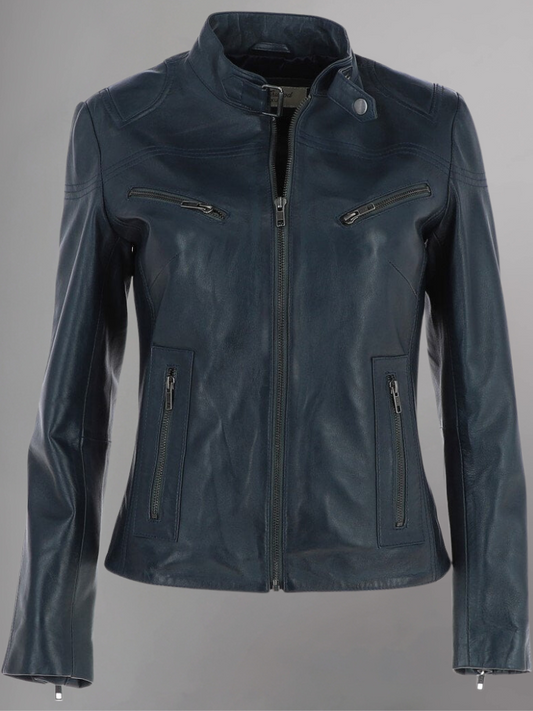 WOMEN SLIM FIT GENUINE BIKER STYLE CAFE RACER BLUE LEATHER JACKET