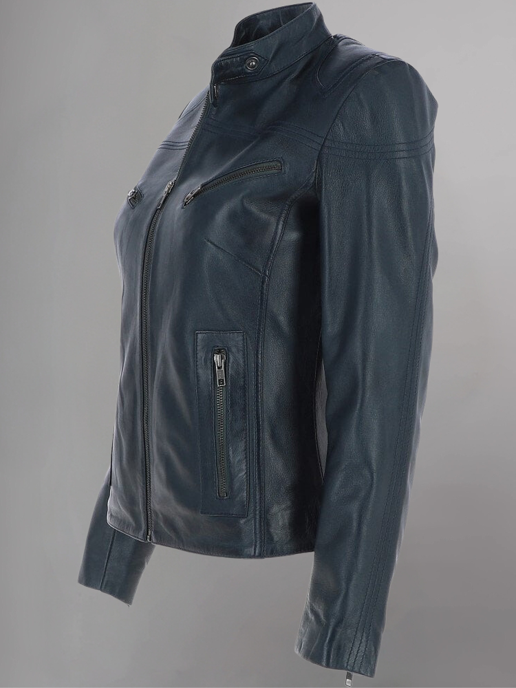 WOMEN SLIM FIT GENUINE BIKER STYLE CAFE RACER BLUE LEATHER JACKET