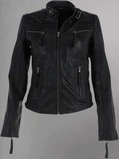 WOMEN SLIM FIT GENUINE BIKER STYLE CAFE RACER BLUE LEATHER JACKET