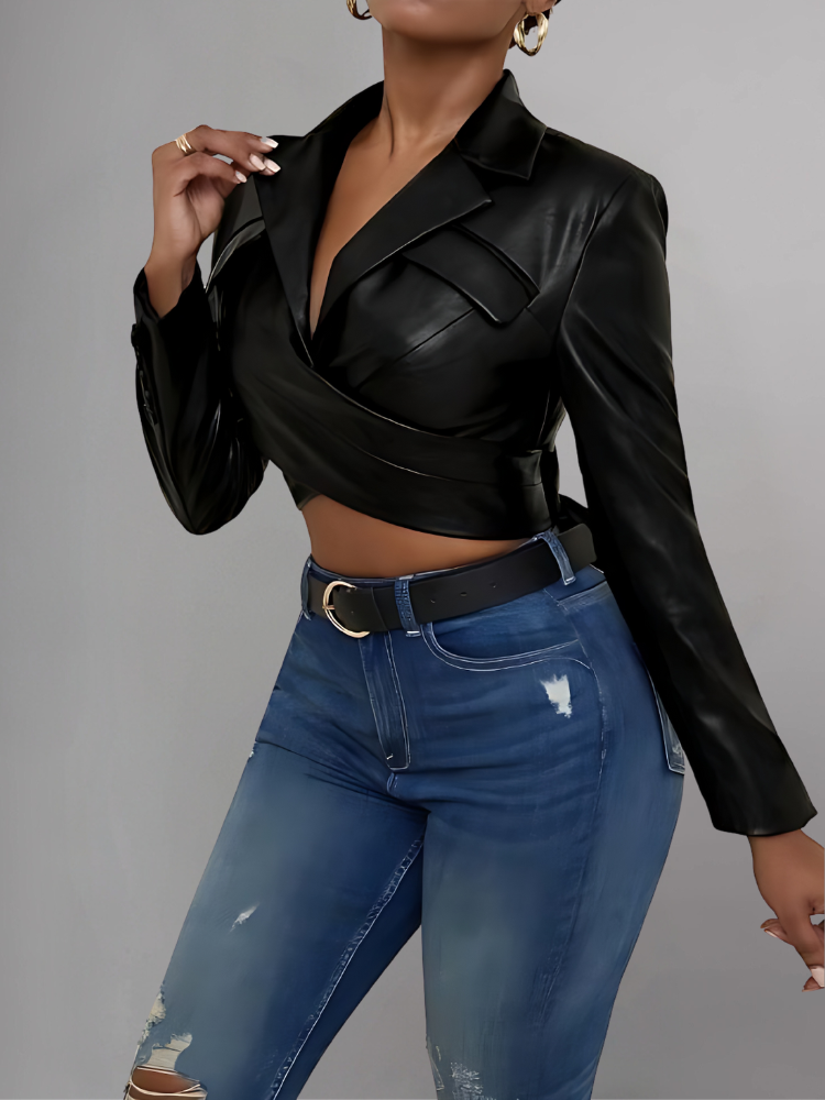 WOMENS SHORT LEATHER SUIT JACKETS LAPEL COLLAR