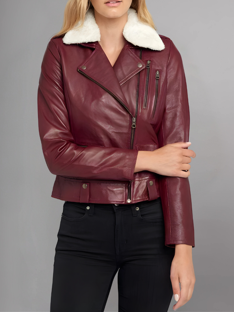 WOMEN'S FUR COLLAR MAROON LEATHER JACKET