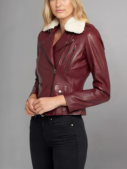 WOMEN'S FUR COLLAR MAROON LEATHER JACKET