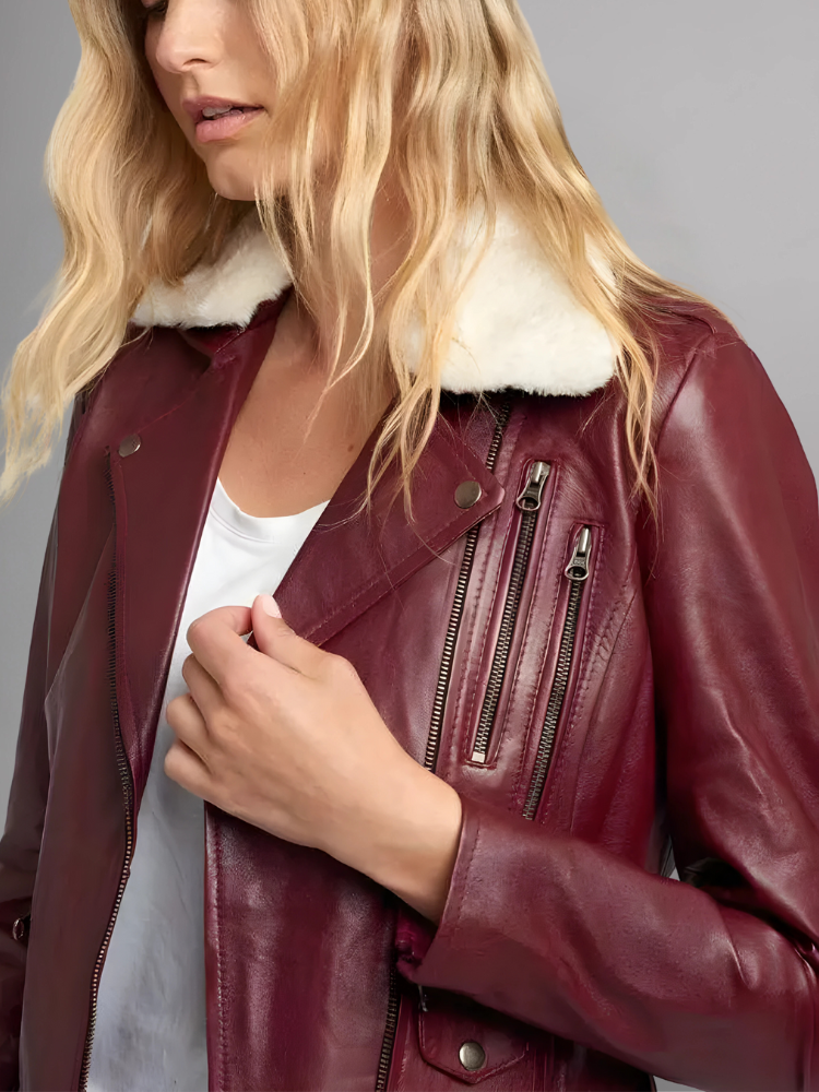 WOMEN'S FUR COLLAR MAROON LEATHER JACKET