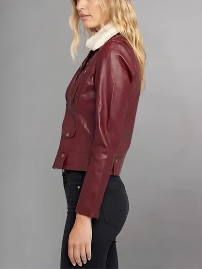 WOMEN'S FUR COLLAR MAROON LEATHER JACKET