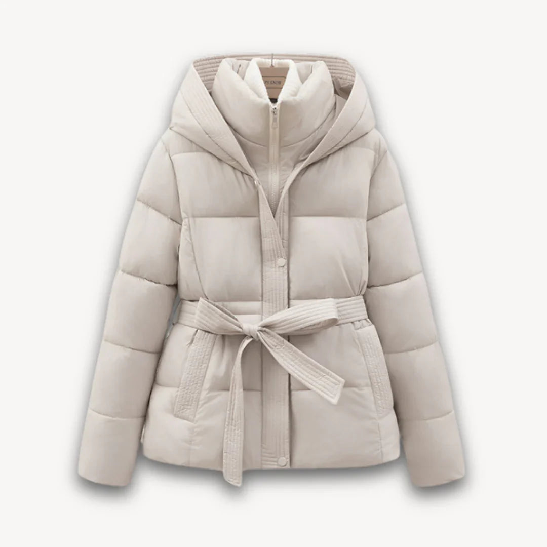 Women's winter jacket with hood and belt, lightly padded