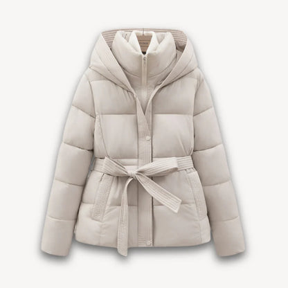 Women's winter jacket with hood and belt, lightly padded