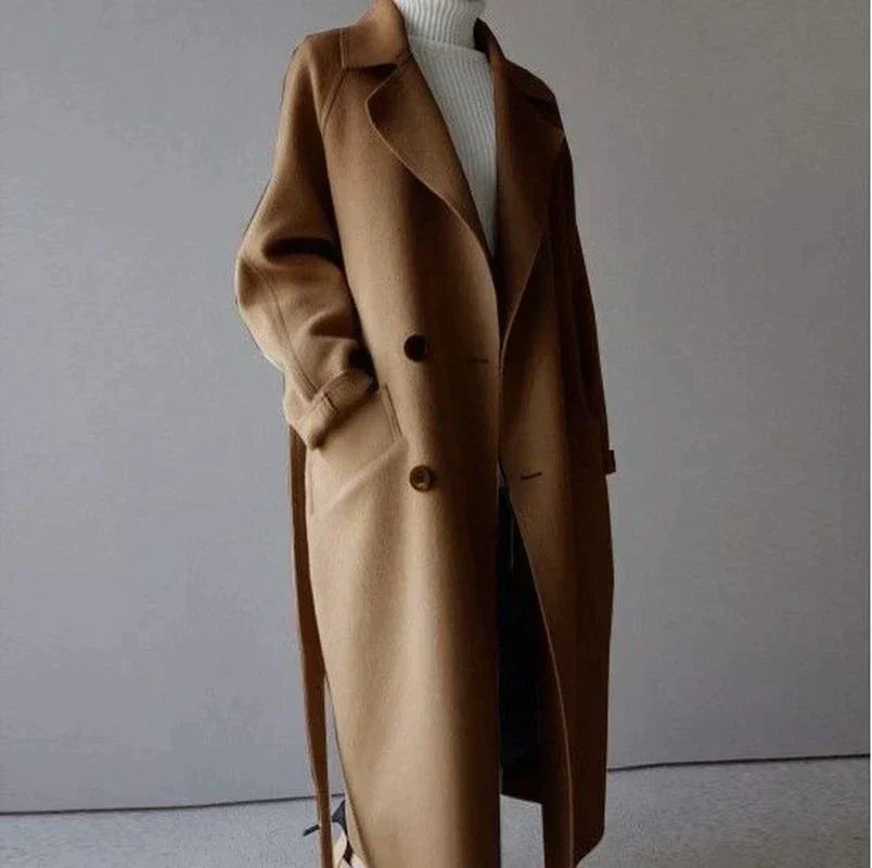 Long women's coat with belt – classic & figure-hugging