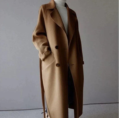 Long women's coat with belt – classic & figure-hugging