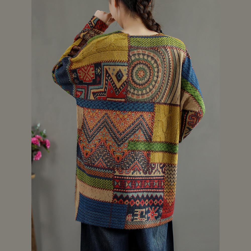 Winter Abstract Pattern Knitted Blouse Casual O Neck Knitted t Shirt