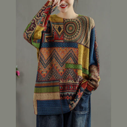 Winter Abstract Pattern Knitted Blouse Casual O Neck Knitted t Shirt