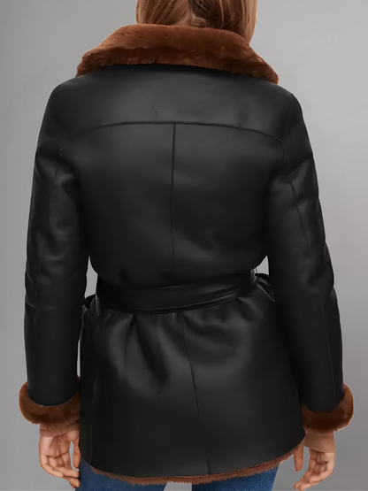 Winter Double Breasted 3 4 Length Leather Black Shearling Coat Womens