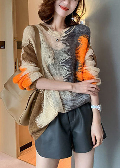 Women Apricot Hollow Out Loose Fall Knit sweaters