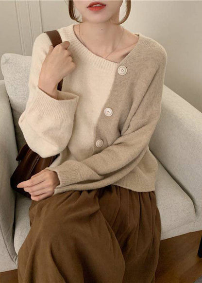 Women Beige Asymmetrical Button Knit Knit Winter sweaters