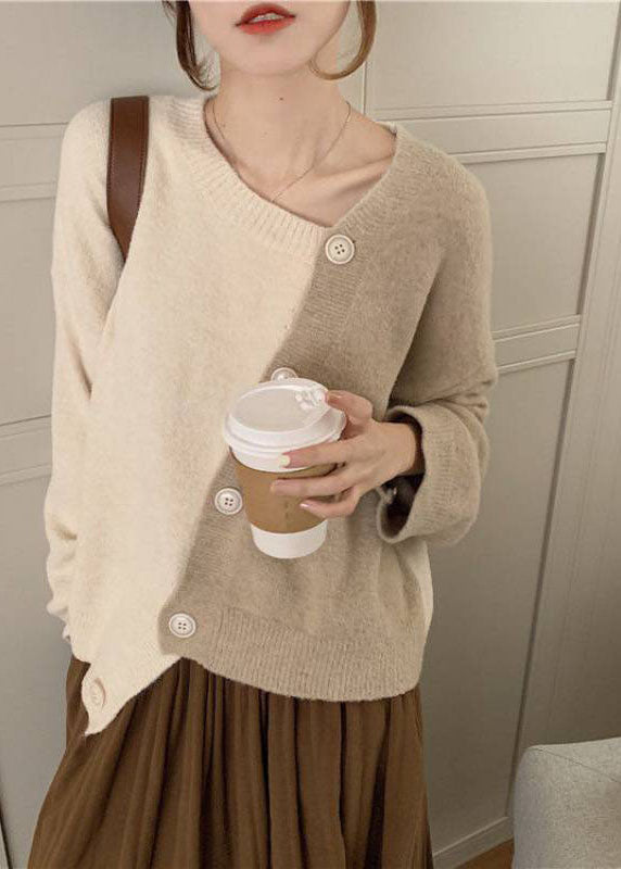 Women Beige Asymmetrical Button Knit Knit Winter sweaters