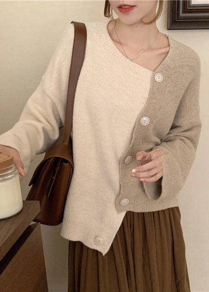 Women Beige Asymmetrical Button Knit Knit Winter sweaters