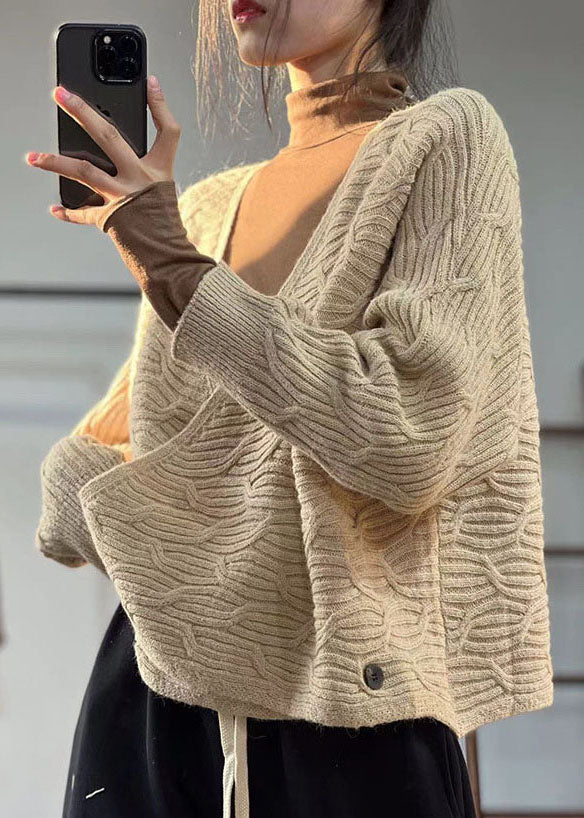 Women Beige V Neck Oversized Original Design Knit Sweater Winter