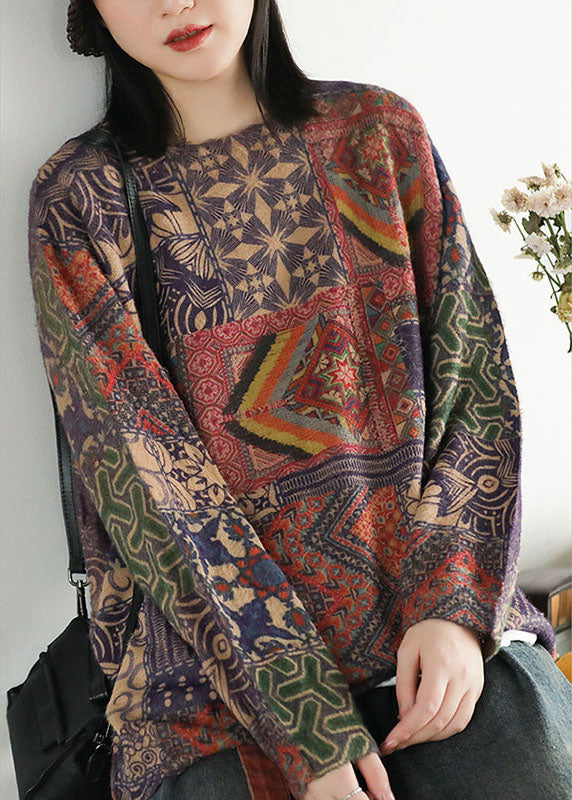 Women Geometric pattern Loose O-Neck Print Oriental Fall Knit Sweater