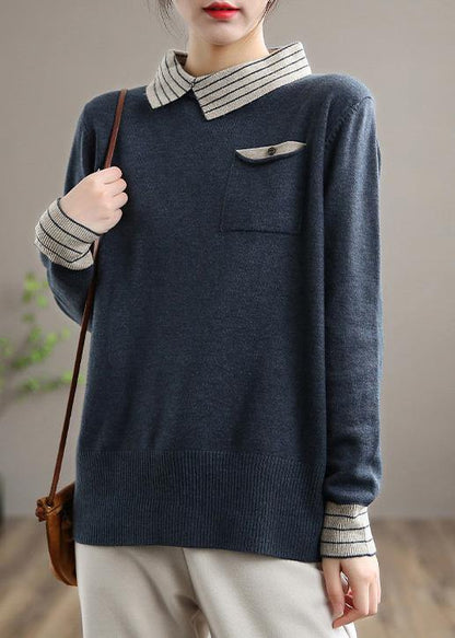 Women Nude Knit Tops Clothing Lapel Patchwork Knit Top Silhouette