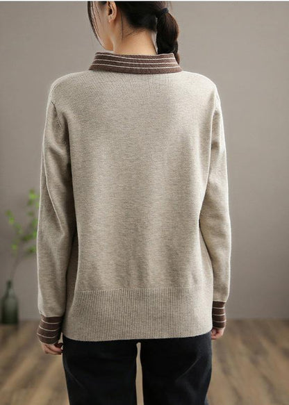 Women Nude Knit Tops Clothing Lapel Patchwork Knit Top Silhouette