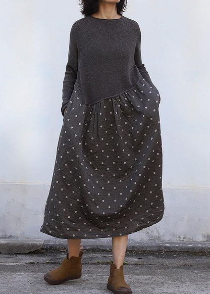 Women dark gray Sweater dress outfit Beautiful big hem DIY patchwork knit dresses