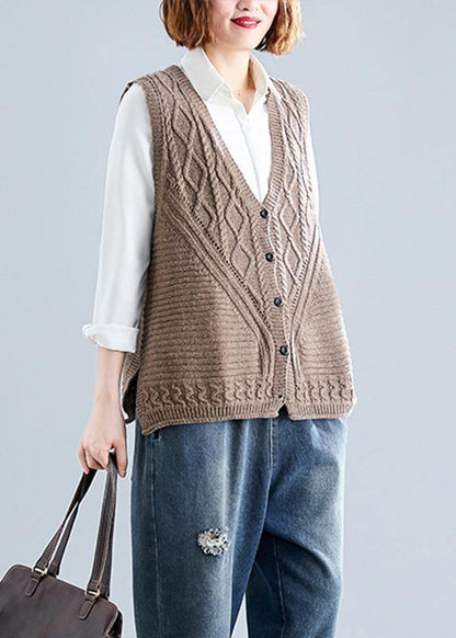 Women fall dark khaki v neck knitted blouse Loose fitting sleeveless clothes