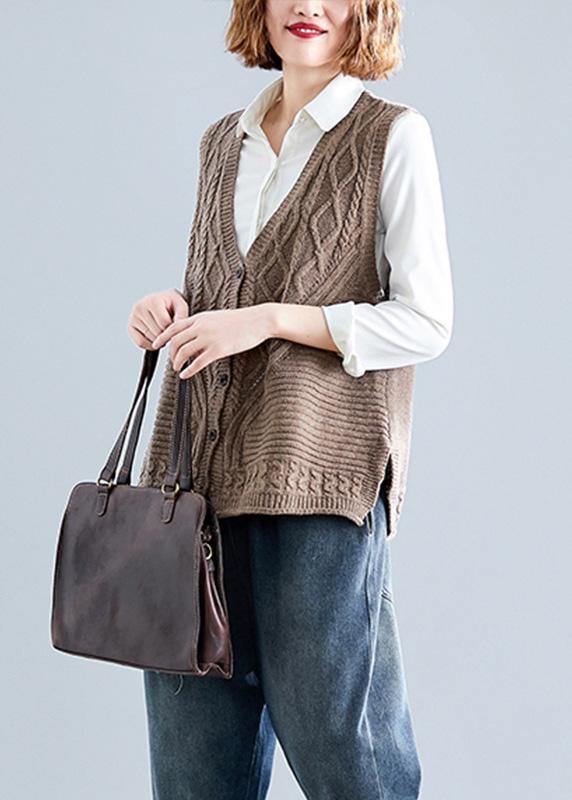 Women fall dark khaki v neck knitted blouse Loose fitting sleeveless clothes