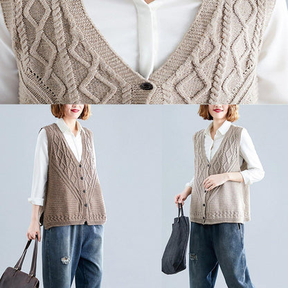 Women fall dark khaki v neck knitted blouse Loose fitting sleeveless clothes