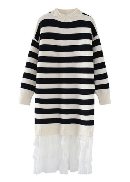 Women striped Sweater weather fashion patchwork Fuzzy knit dress