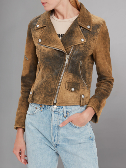 Women Brown Biker Distressed Leather Jacket