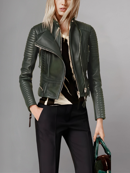 Women Lambskin Stylish Motorcycle Green Leather Jacket