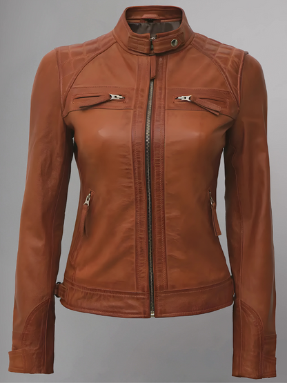 Women Tan Quilted Motorcycle Leather Jacket