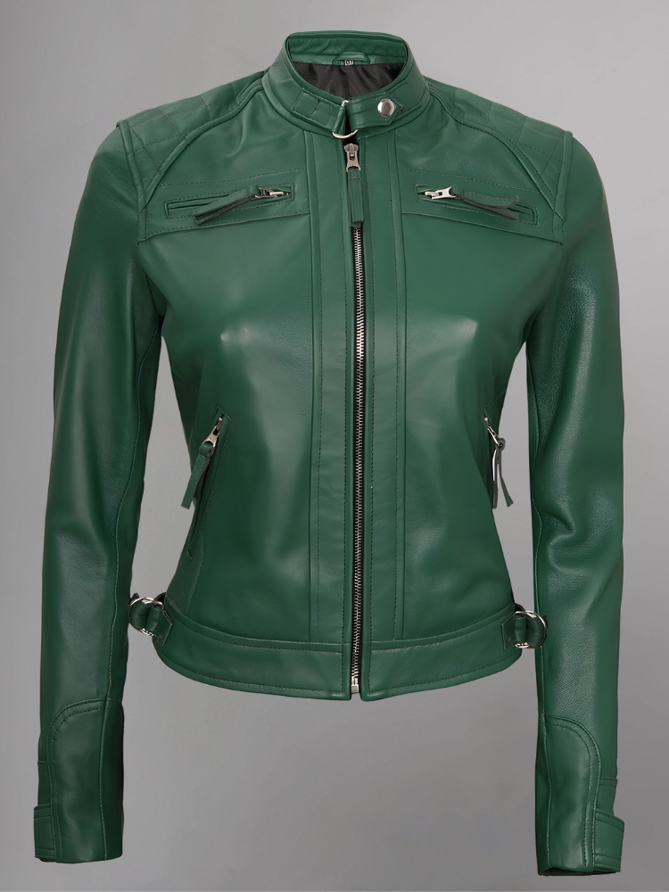 Women Tan Quilted Motorcycle Leather Jacket