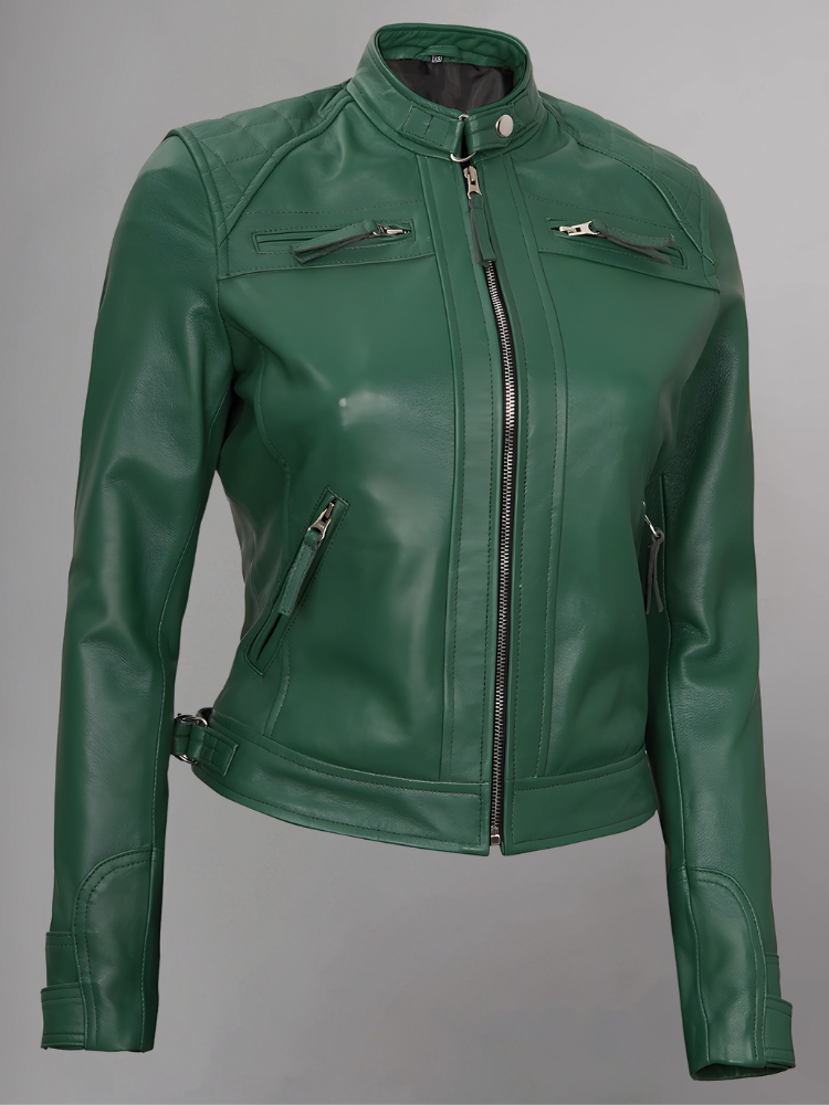 Women Tan Quilted Motorcycle Leather Jacket