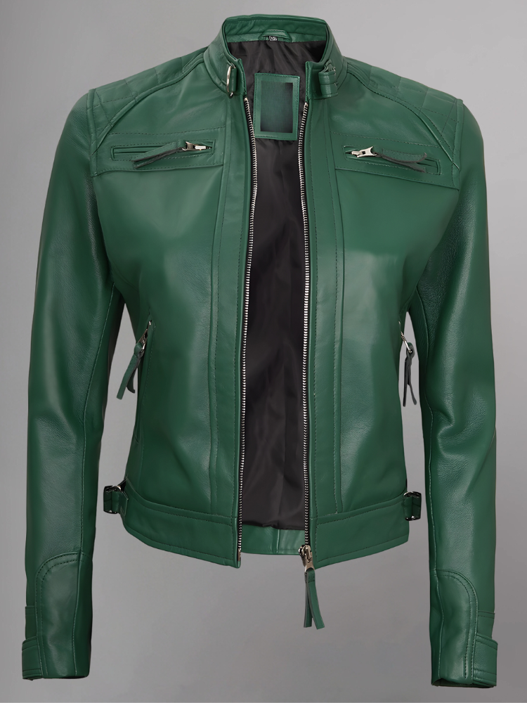 Women Tan Quilted Motorcycle Leather Jacket