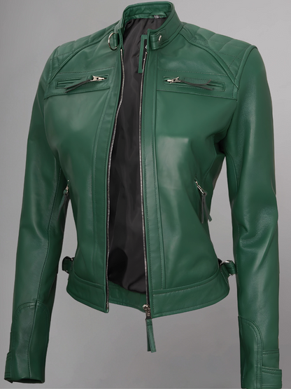 Women Tan Quilted Motorcycle Leather Jacket