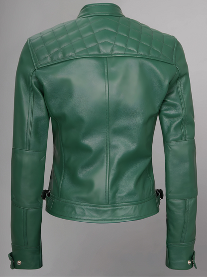 Women Tan Quilted Motorcycle Leather Jacket