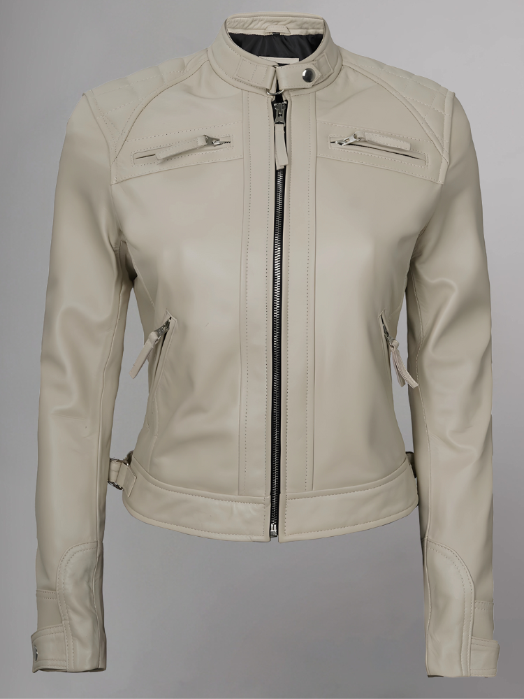 Women Tan Quilted Motorcycle Leather Jacket