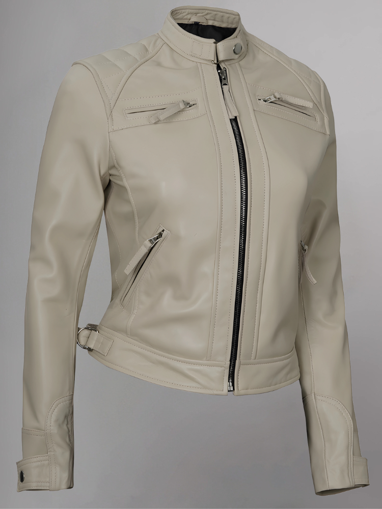 Women Tan Quilted Motorcycle Leather Jacket