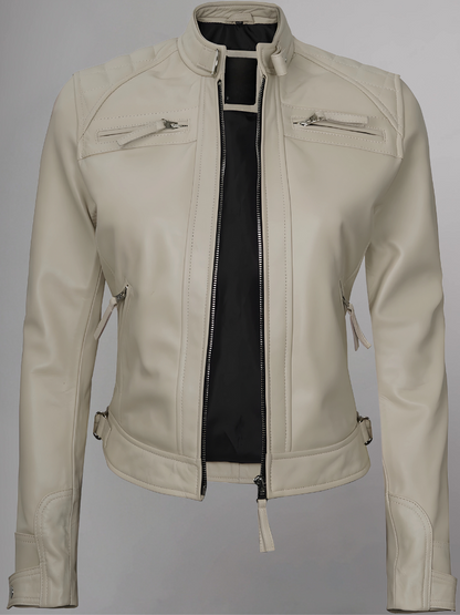 Women Tan Quilted Motorcycle Leather Jacket