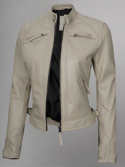 Women Tan Quilted Motorcycle Leather Jacket