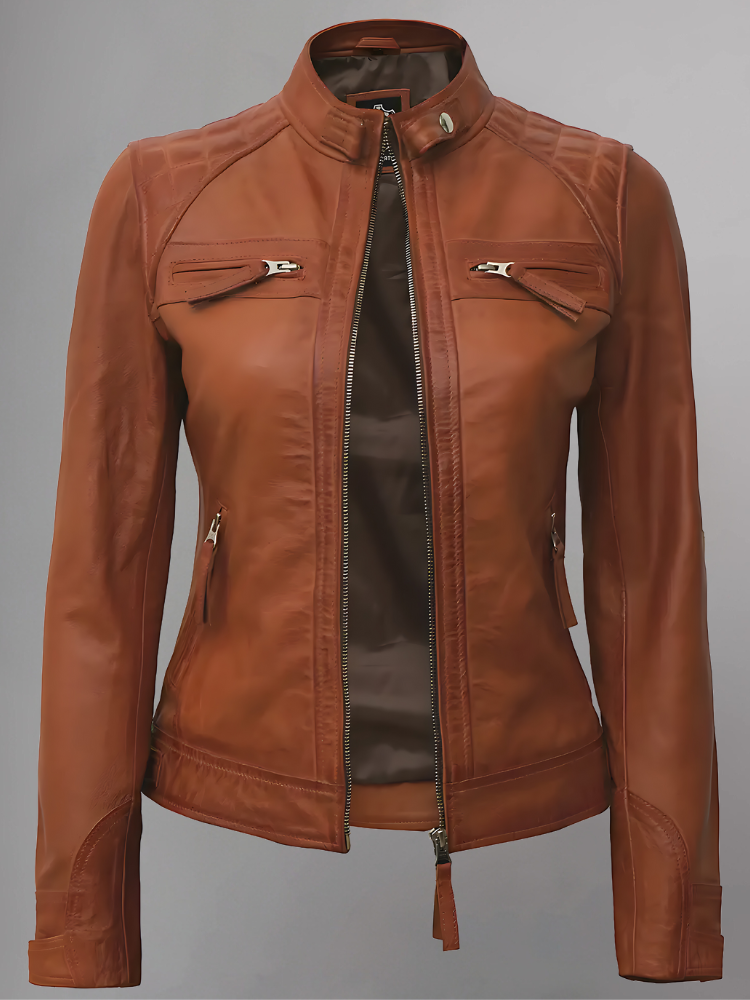 Women Tan Quilted Motorcycle Leather Jacket