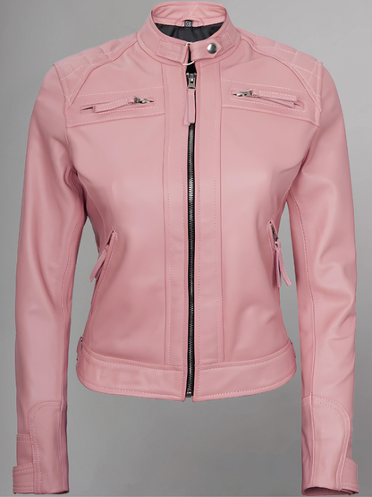 Women Tan Quilted Motorcycle Leather Jacket