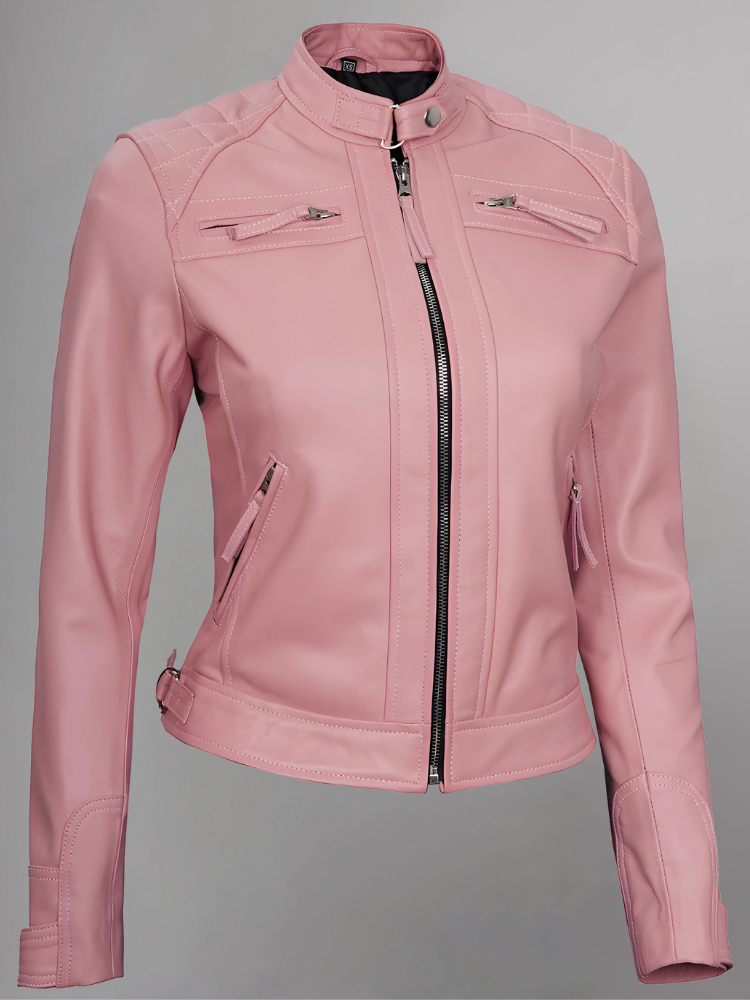 Women Tan Quilted Motorcycle Leather Jacket