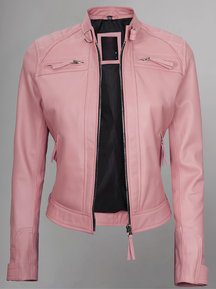 Women Tan Quilted Motorcycle Leather Jacket