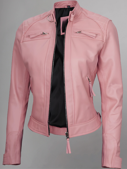 Women Tan Quilted Motorcycle Leather Jacket