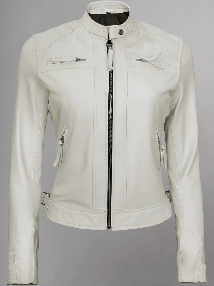 Women Tan Quilted Motorcycle Leather Jacket