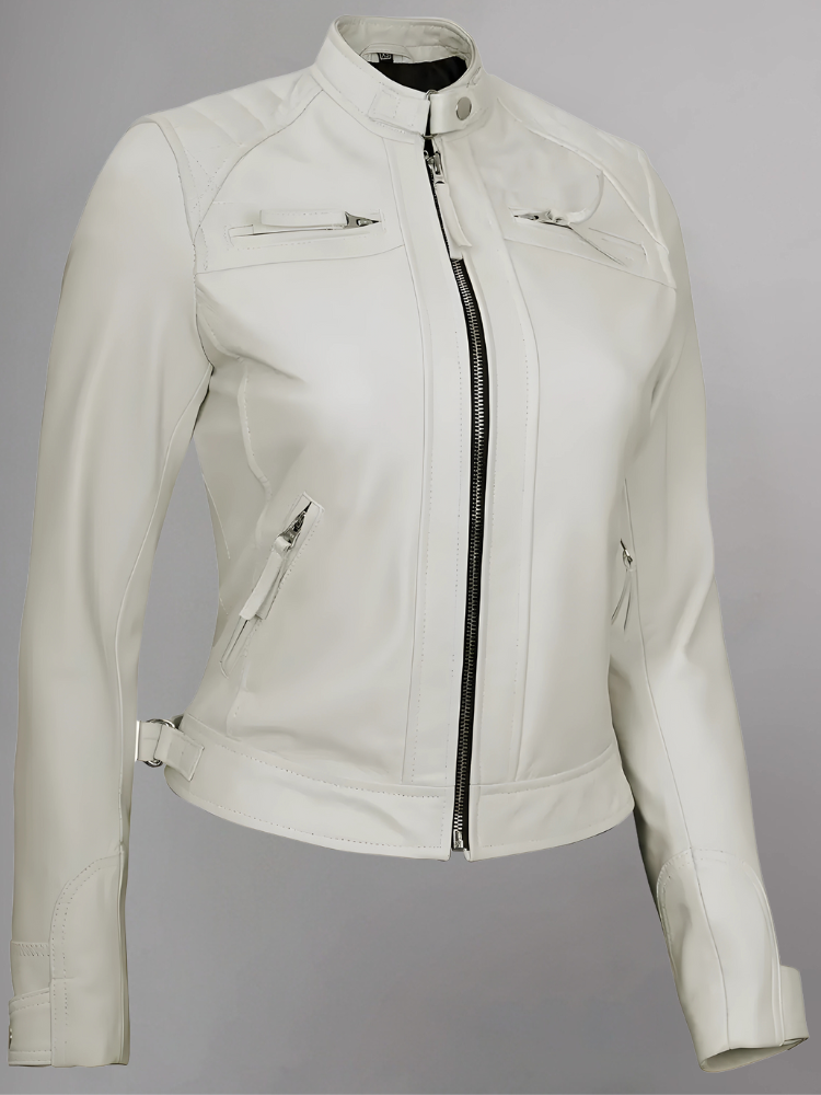 Women Tan Quilted Motorcycle Leather Jacket