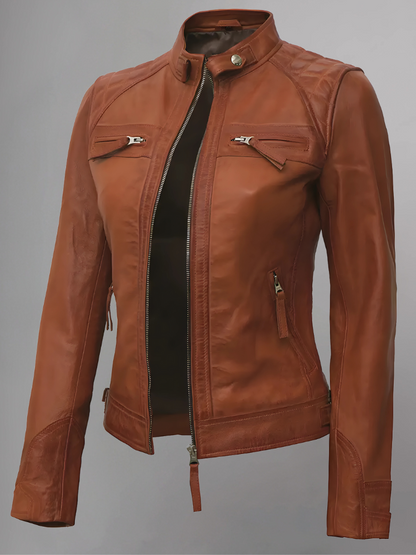 Women Tan Quilted Motorcycle Leather Jacket